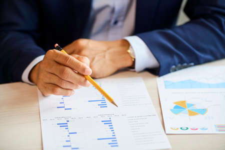 Businessman with pencil checking chartの写真素材