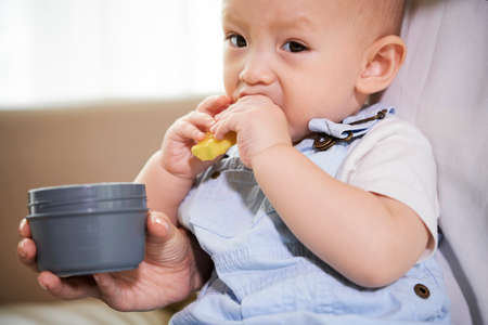 Adorable little child eating peeled apple piece and looking at cameraの写真素材