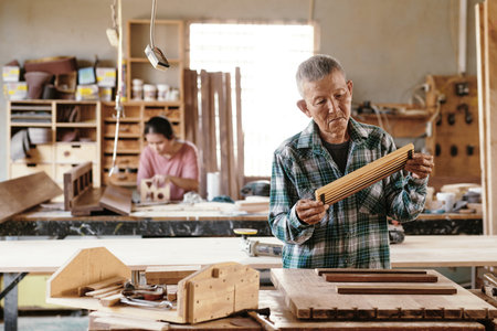 Serious experienced carpenter standing at workbench and checking finished wooden item