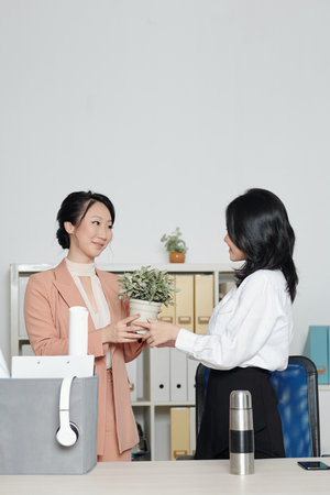 Young woman asking colleague to take care of her plant when leaving office after quitting jobの写真素材