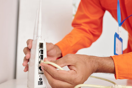Close-up of unrecognizable black man with badge connecting internet cable to router while setting up...