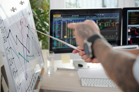 Close-up image of trader pointing at whiteboard with line charts when explaining investment strategy...