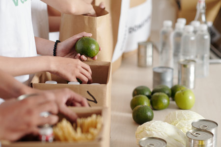 Hands of volunteers putting fresh groceries in boxes for refugees or people in needの写真素材