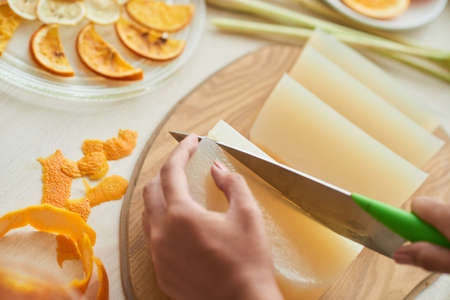 Close-up image of young woman making soap with thin orange and lemon slicesの写真素材