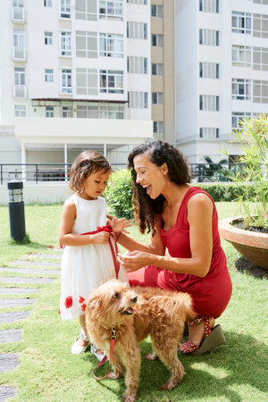 Mother explaining little daughter how to walk with dog on leash when they are standing outdoors on sunny dayの写真素材