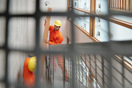 Construction workers carrying wooden board up the stair when changing floors in houseの写真素材