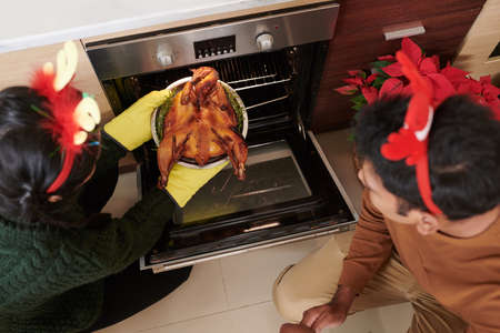 Couple taking tray with turkey out of oven, view from aboveの写真素材