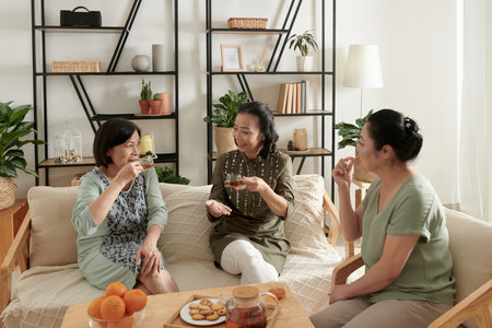 Group of senior female friends meeting at home to drink tea with cookies and discuss newsの写真素材