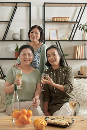Group of happy senior friends posing with glasses of champagne at homeの写真素材