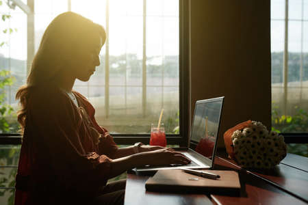 Serious young businesswoman working on laptop in dining place, checking orders and answering e-mailsの写真素材