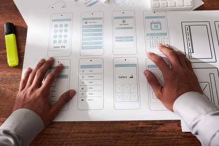 UX designer checking mock-ups of moble application interface he created