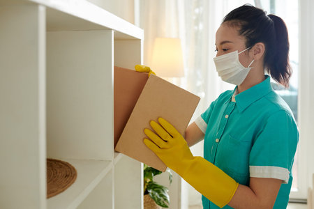 Young female cleaning service worker in medical mask taking books from shelves to wipe dust