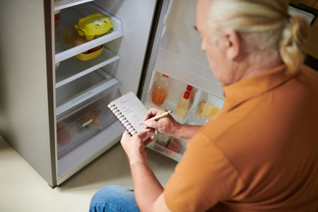 Aged man writing shopping list for grocery store when checking fridge in kitchenの写真素材