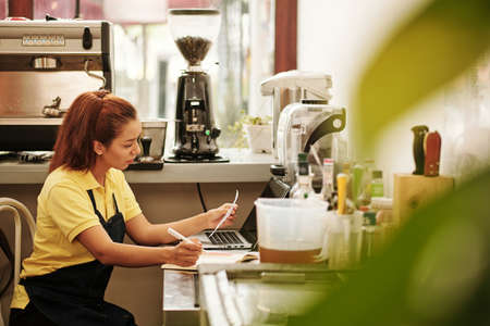 Young female coffeeshop owner checking bills, taxes and loan paymentsの写真素材
