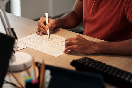 Hands of UI designer or front end developer drawing wireframe on paper sheetの写真素材