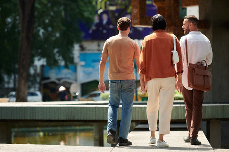 Group of friends walking around sunny city, view from back