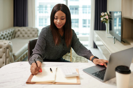 Positive elegant female entrepreneur working from home due to lockdown
