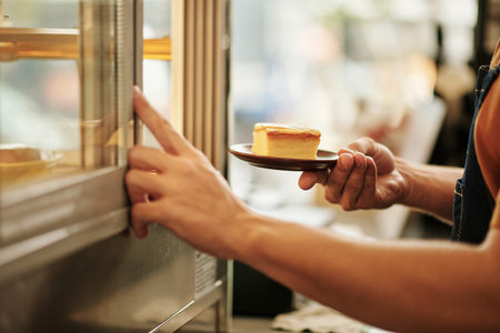 Hands of coffeeshop barista taking plate with cake for customer from fridge