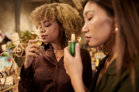 Two beautiful women smelling perfume during shopping at storeの写真素材