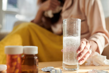 Tablet of aspirin dissolving in glass of water on bed table of sick womanの写真素材