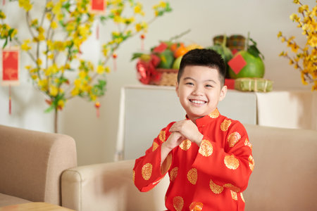 Smiling little Vietnamese boy in ao dai dress making greeting gestureの写真素材