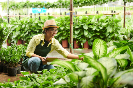 Smiling botanist checking plants ingreenhouse and taking notes on tablet computerの写真素材