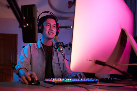 Positive videogamer recording letsplay video for his channelの写真素材