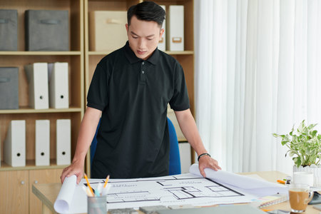 Young architect rolling out house blueprint on table in architecture bureau