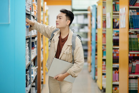 College student taking book from shelf in library