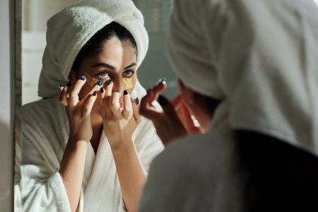 Young woman with bright green eyes applying moisturizing undereye gel patchesの写真素材
