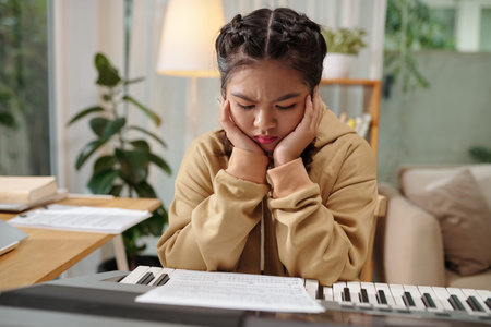 Sad and confused girl looking at paper sheet with music notes