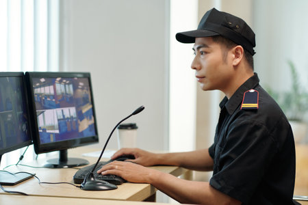 Security guard watching videos on computer screenの写真素材