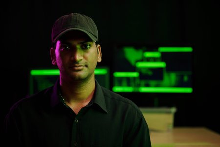 Portrait of hacker looking at camera after launching cyberattack