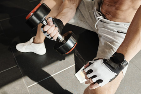 Sweaty sportsman flexing biceps in gym in the morningの写真素材