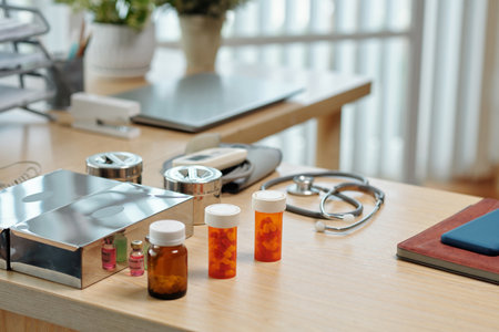 Prescribed medicine on table of general practitionerの写真素材
