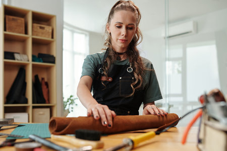 Designer working with leather when making bag for customer