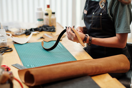 Young woman in denim apron creating belt for friendの写真素材