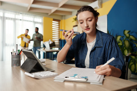 Businesswoman listening to voice message from colleague when checking reportの写真素材
