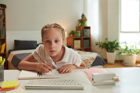 Schoolgirl doing homework at desk in her bedroomの写真素材