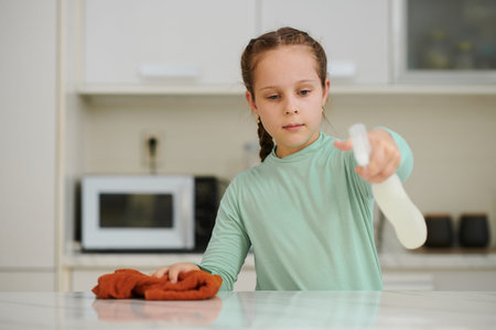 Preteen girl cleaning kitchen counter with disinfecting detergent