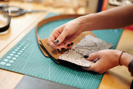 Hands of leather worker sewing parts of leather bag togetherの写真素材