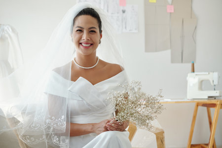 Portrait of happy smiling bride in wedding dress holding flowersの写真素材