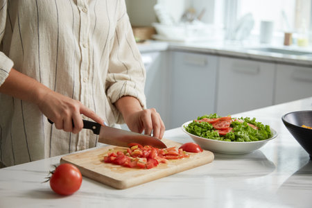 Cropped image of housewife cutting juicy tomatoes for saladの写真素材