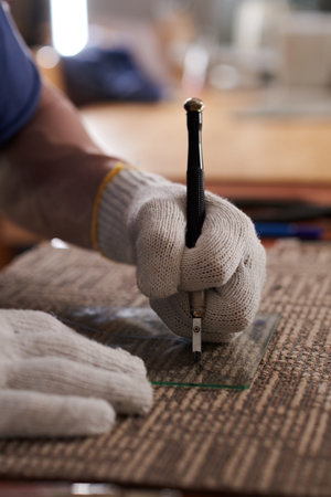Vertical image of glazier in protective gloves cutting glass with special tool sitting at his workplaceの写真素材