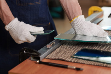 Close-up of worker in gloves making shapes from pieces of glass with special work tool at table