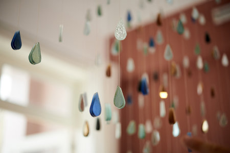 Close-up of colored glass drops hanging in the room as decorationの写真素材