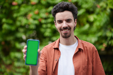 Cheerful mobile application developer showing smartphone with green screenの写真素材