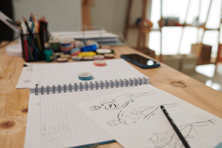 Fashion sketches on table in design studio, selective focusの写真素材