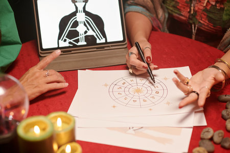 Astrologer analyzing natal chart of female client and giving her adviceの写真素材
