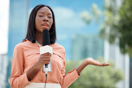 Black female journalist filming documentary video or news storyの写真素材
